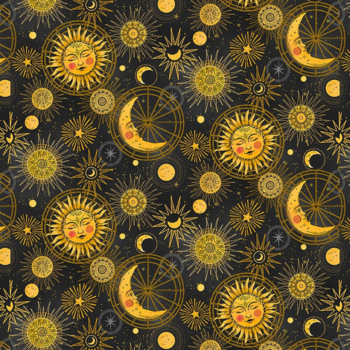 Celestial Galaxy - Moon Suns & Stars in Charcoal - Half Yard