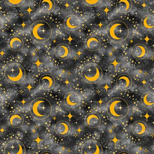 Celestial Galaxy - Crescent Moon & Stars in Charcoal - Half Yard