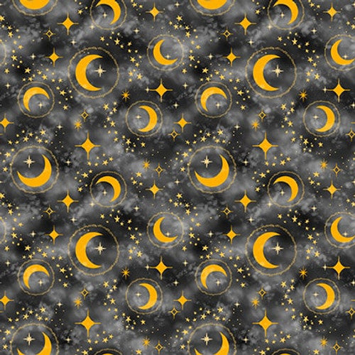 Celestial Galaxy - Crescent Moon & Stars in Charcoal - Half Yard